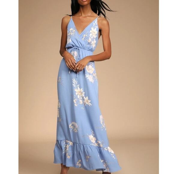 Lulus Endless Vacay Light Blue Floral Maxi Dress Womens Medium Tiered Surplice - Picture 1 of 11